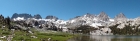 Panoramic view of The Minarets, Mount Ritter, and Banner Peak from Ediza Lake.