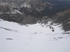 Looking down the north gully of Leatherman into the Pahsimeroi Valley. Sean is one of the specs on the snow far below.