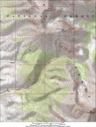 Map of the route. About 8 miles and 4100' using the south face route (in blue). A mile or so longer using the standard southeast ridge route.