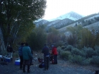 Getting ready at the trailhead, Borah in the background.