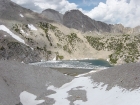 Looking down on Cirque Lake with Caulkens Peak in the background.