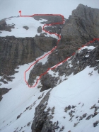 Looking back on the chimney, our route in red.