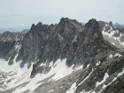 Looking back on Mount Iowa and Fishhook Spire from the south face of Horstmann.