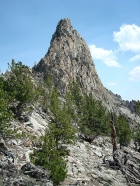 Looking up at Fishhook Spire from the saddle to the north.