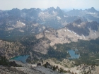 Looking down on the Stephens Lakes from the ridge just north of Mount Iowa. In the background are the Monte Verita, Warbonnet, and Tohobit.