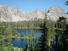 Looking northwest from the middle Stephens Lake, with the Ed-da-how Spire and Mount Ebert in the background.