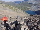 Climbing the talus and boulders on Tendoy Peak.