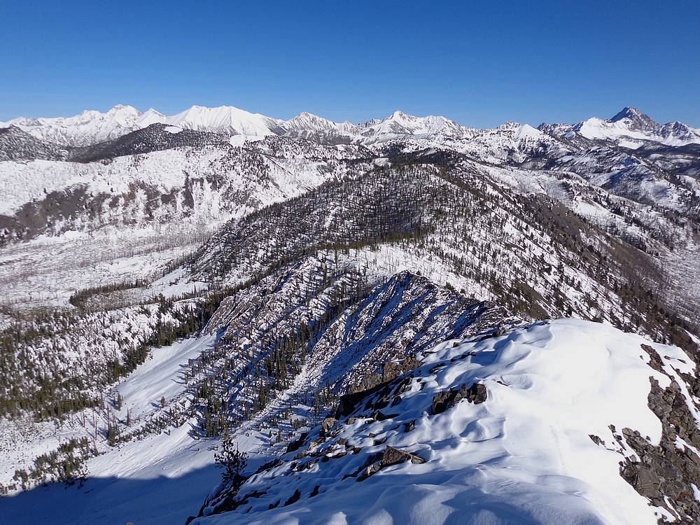 View into the snowy White Clouds from Big Fisher Creek Peak.