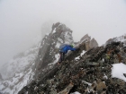 Being careful on the downclimb from the summit.