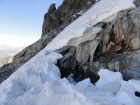 A look at the bergschrund near the base of the Rock Route on Clyde Minaret.