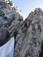Sean in a step section of a lower gully on the Rock Route.