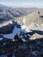 Looking down on the gendarme along with Iceberg Lake and Cecile Lake.