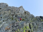 Downclimbing some steep stuff after leaving the summit ridge.