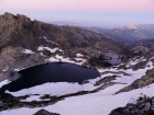 Dusk view of Cecile Lake and Minaret Lake from just above the snowfield.