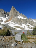 Morning view of the very impressive Clyde Minaret from our campsite at Cecile Lake.
