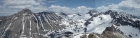 DBW summit pano of Devils Bedstead East, Abel Peak, Goat Peak, and Salzburger Spitzl. The frozen Kane Lake is below.