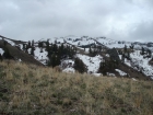 View toward the summit, still covered in clouds.