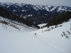 Snowshoeing down the avalanche gully, scoured free of trees.