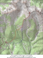 Overview map of the route, 6 miles round trip and 2700' gain. Ascent in red, descent in blue.