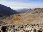 Climbing the boulder field, with the big u-shaped glacier carved valley behind us.