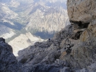 Looking down from the base of Sargent's Chimney at a climber belaying at the top of the Owen Chimney.