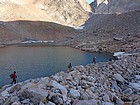 Making our way up the moraine from the upper lake at 10800'.