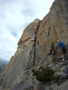 Sean heading up the first pitch of the Stur Chimney. ChrisR photo.