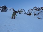 Climbing steep snow above the bergschrund.