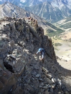 Michael in a crumbly gully.