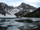 Evening view of Mount Idaho and partially frozen Merriam Lake.