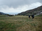 Ken and Nick hiking down through a meadow in the upper Pahsimeroi Valley.