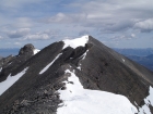 From the false summit atop the Super Gully, it’s a fun ridge walk to get to the true summit. Pat is on the snow in the distance.