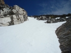 Pat making his way up the snow vein on McIntyre's south face.