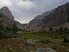 First view of the summit of Mount Temple from Larch Valley.