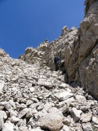 Downclimbing the first gnarly gully.