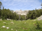 Altair Peak first comes into view from this meadow. Jordan, JJ, and Clint are just visible in the distance.