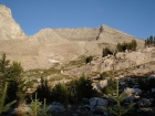 The morning sun shining on Peak 11887' from our camp at Baptie Lake.