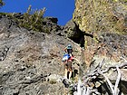 Scrambling up a steep notch on the south ridge of Tower of Babel.