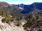 Looking back down the route from the ridge. View highlighted by Ivory Peak above Phyllis Lake.