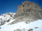 Neat looking layered rock tower on the ridge.