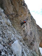Free rappel on the north face of Mickey's Spire. SeanD photo.