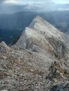 Looking down on the class 4 crux of Cardiac Peak's east ridge.