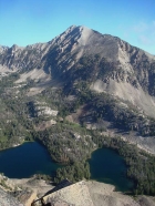 Cardiac Peak from Hatchet Peak, rising above Lodgepole Lake and Sliderock Lake.