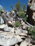 JJ and Jordan descending the cliffs below Scree Lake.