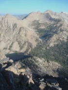 Merriam Peak summit view of Mount Frank, Lonesome Peak, and DO Lee Peak. Quiet Lake, Scree Lake, and Shallow Lake lie below.