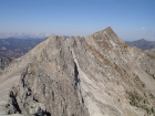 The ridgeline leading from WCP-3 to WCP-2 is class 4+. The Sawtooths are in the distance to the left, with Lookout Mountain off to the right.