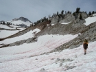 Crossing snowfields as we near Glacier Lake, Glacier Peak in the background.