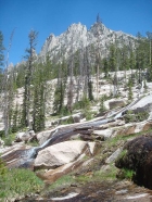 The Oreamnos Lake inlet stream flows over slabs of slick rock granite.