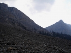 Here are some deep folds in the north side of Octoberfest Peak, with a pointed perspective of Hidden Peak seen on the right.