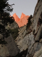 Sunrise on Mount Whitney and Keeler Needle as seen from the top of the Ebersbacher Ledges.